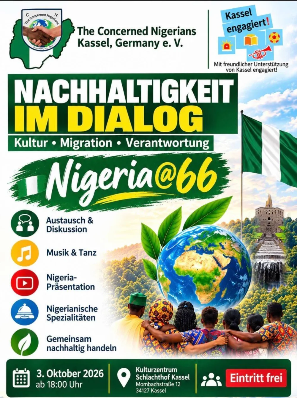Veranstaltungsflyer Nigeria@66: Nachhaltigkeit im Dialog, 3. Oktober 2026, Kulturzentrum Schlachthof Kassel, Eintritt frei